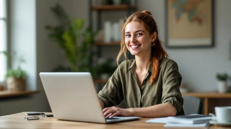 Frau arbeitet am Laptop in einer modernen Wohnung in Braunschweig